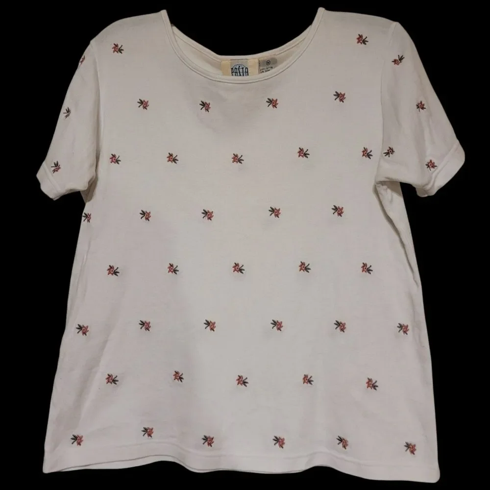 Vintage White Pasta Floral Embroidered Shirt Cotton Medium - Picture 1 of 3